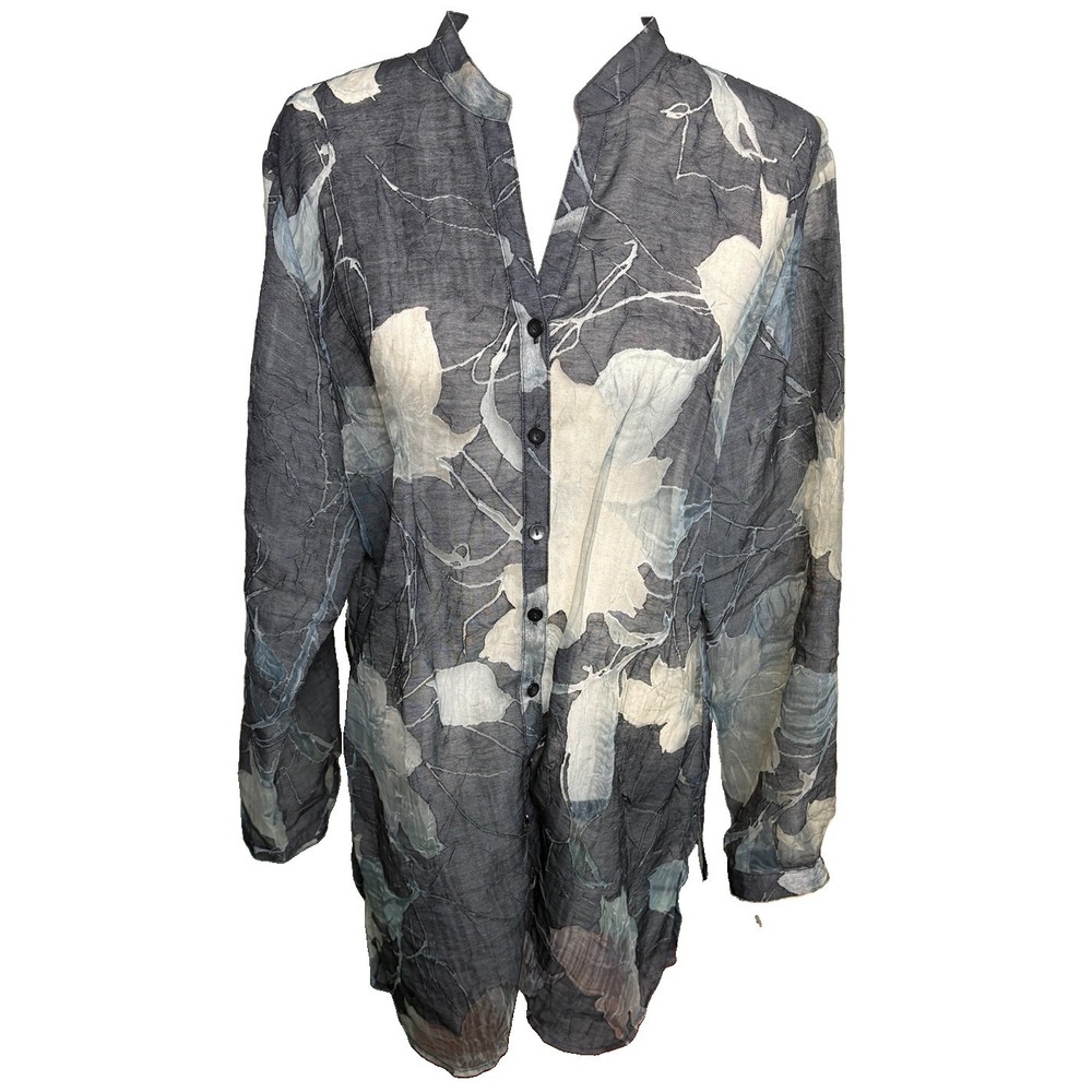 Coldwater Creek Linen Blend Floral Sheer Button Up Top Womens Large Black Artsy